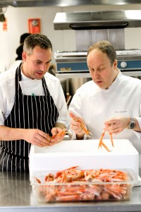 Dominic Jack of Edinburgh's Castle Terrace and Alain Soliviere of Restaurant Taillevant in Paris get to grips with some Scottish langoustines