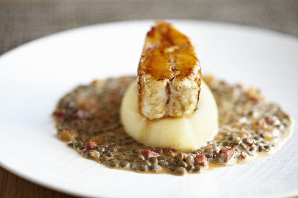 Roasted Fillet of Scrabster halibut served with spicy Puy lentils at The Honours.