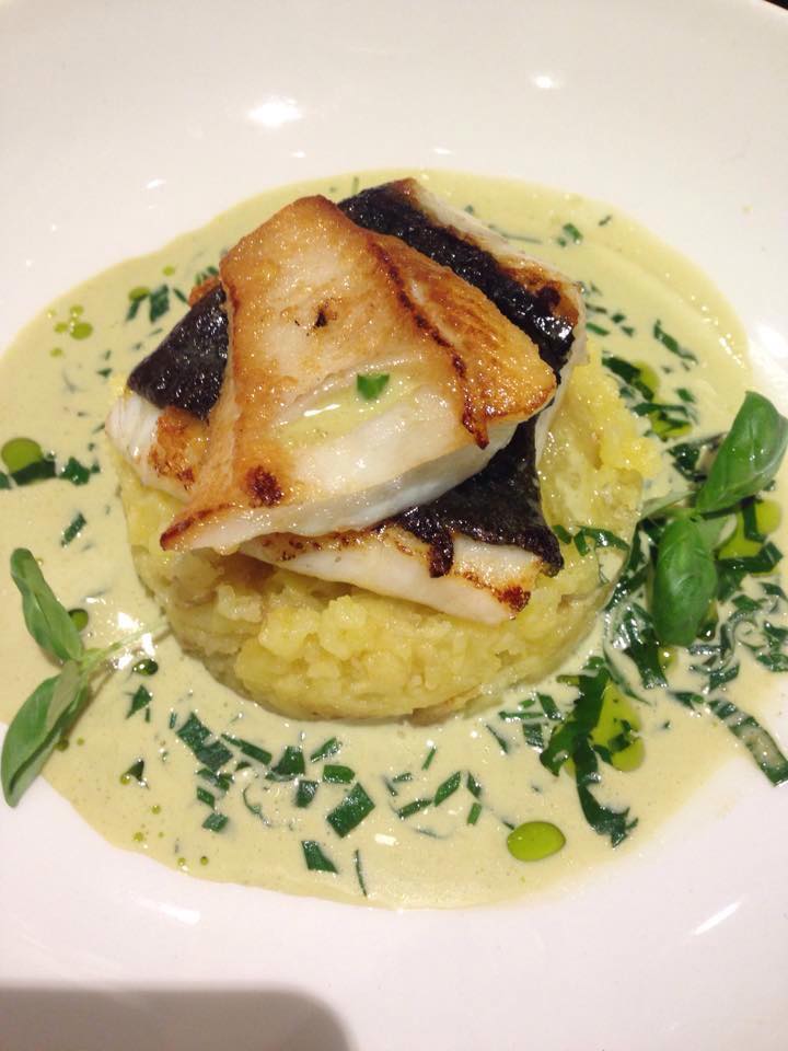 Roasted fillet of Turbot, crushed new potato and nettle velouté as served at Riverhill Courtyard.