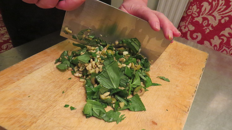 Chopping pinenuts and basil is as complicated as it gets.