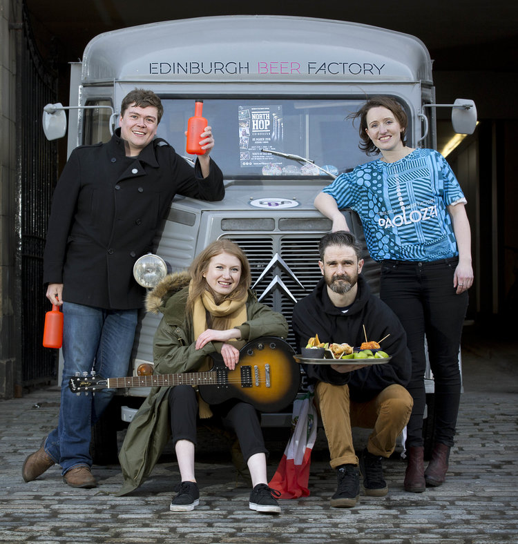 North Hop Edinburgh Launch at The Assembly Rooms . From top left clockwise - James Porteous from Electric Spirit Co., Kirsty Dunsmore from Edinburgh Beer Factory , Adam Blair from El Cartel Casera Mexicana and Flora Manson (musician) .