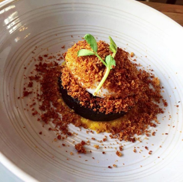 Stornaway black pudding, slow cooked duck egg and chorizo crumble from Turnip and Enjoy.