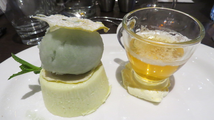 Apple bavaroise with Thistly Cross cider jelly, apple sorbet and apple crisp.
