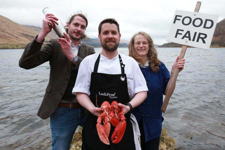  David Thomson of Makar Gin; Oyster Bar Head Chef, Jamie Nicholson and Virginia Sumsion, founder of Loch Fyne Food Festival. Pic: Stewart Attwood 