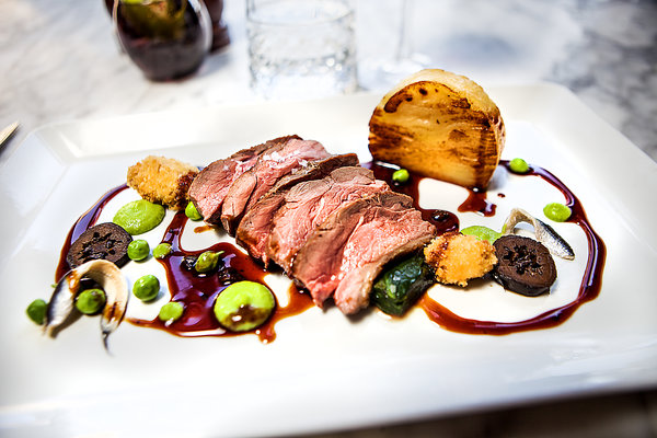 Scottish spring lamb rump, crisp layered potato, pea, anchovies, sweet breads with sherry & pickled walnut jus.