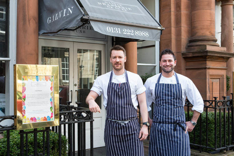 Chefs Jamie Knox and Fraser Allan outside the Brasserie Galvin de Luxe.