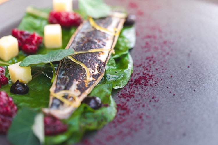 Mackerel, samphire, smoked potatoes, chard and redcurrants from Lovage.