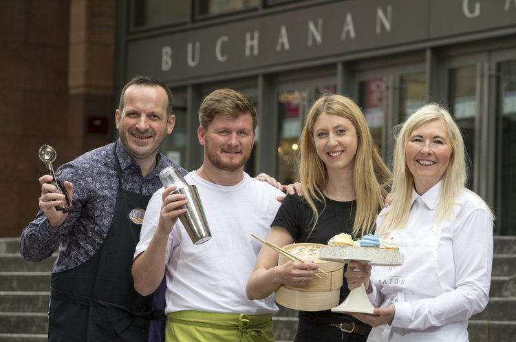 Some of the first traders to take up residency at Taste Buchanan. L-R David Equi from Equi’s Ice Cream,, Neil Patterson from Sláinte Mhath popup bar, Felicity Day from Chompsky and Katy Murray from Designer Cakes by Paige. Picture: Jeff Holmes 