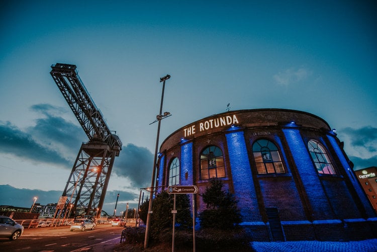 The Finnieston Crane and The Rotunda: two Glasgow landmarks.