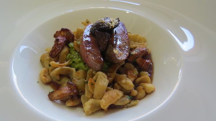 Roast squab pigeon with hazelnut spaetzle, crushed broad beans and red wine sauce.
