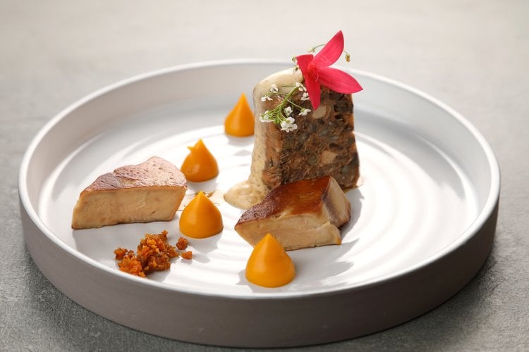 Duck, lentil & foie gras terrine, carrot purée & crumbs.
